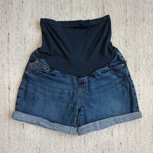Indigo Blue Maternity Denim Shorts Full Panel Cuffed Size M Stretch Jean Shorts